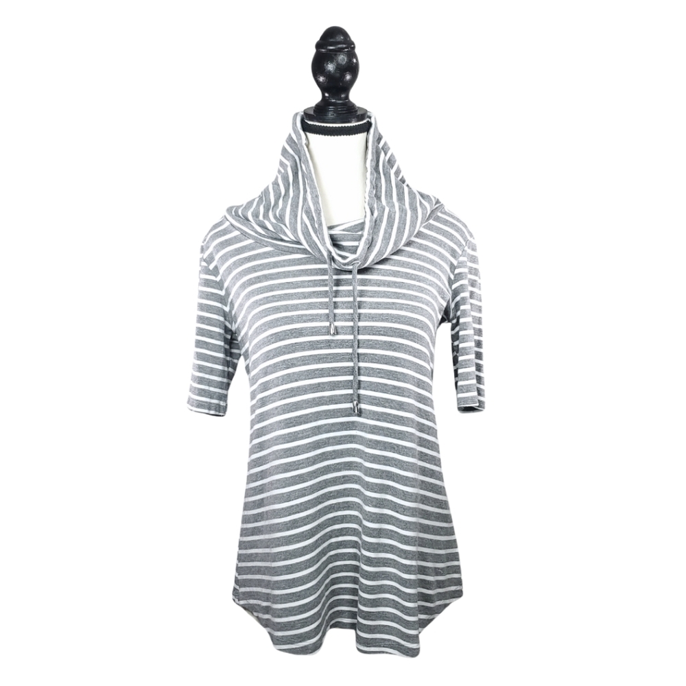 Pure Essence XS Grey & White Striped T-Shirt With Metal Drawstring Funnel Neck